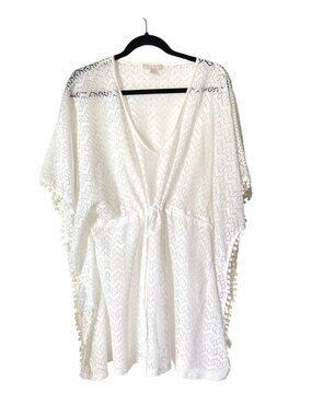 White Crochet Kimono Cover-Up With Pom Pom Trim One Size 100% Polyester Made In